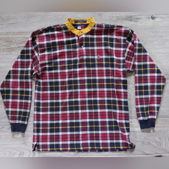 Vintage Tommy Hilfiger Plaid Polo Rugby Shirt Band Mandarin Collar Large - Picture 1 of 7